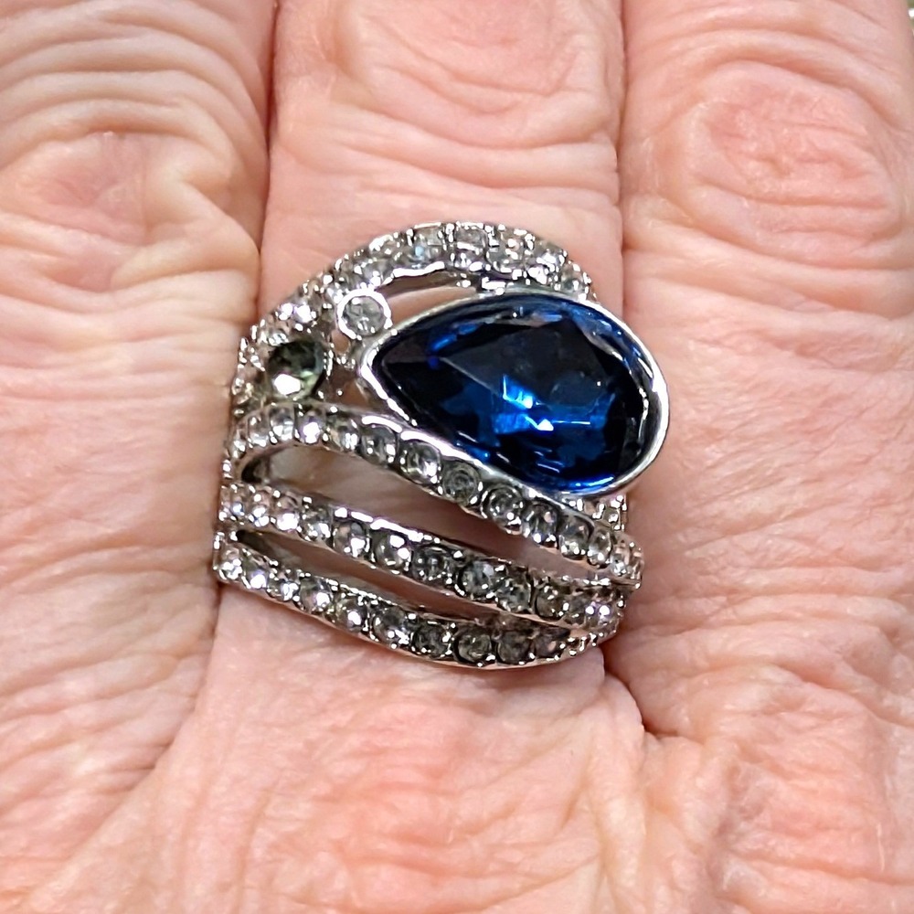 New Chunky Statement Ring Stretch Pear Blue TearDrop Stone Rhinestone SilverTone